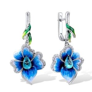 Blue Hibiscus Flower Earrings Enamel Floral Drop Earrings